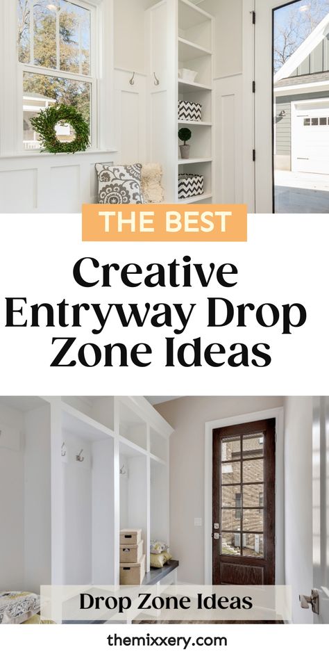 Creative Entryway Drop Zone Ideas Front Entry Drop Zone, Stop And Drop Entryway, Entryway Drop Zone Ideas, Drop Zone In Kitchen, Entry Drop Zone Ideas, Mud Area Entryway, Drop Zone Organization, Small Mudroom Entryway, Small Drop Zone Ideas