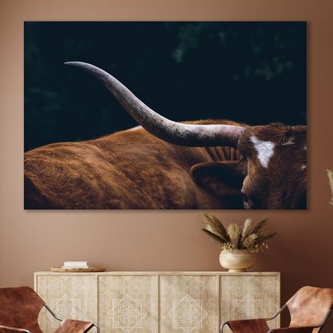 Wild West Decor, Animal Print Home Decor, Texas Longhorn Cow, Texas Wall Art, Highland Cow Canvas, Longhorn Cow, Cow Wall Art, Man Cave Wall Art, Man Cave Wall