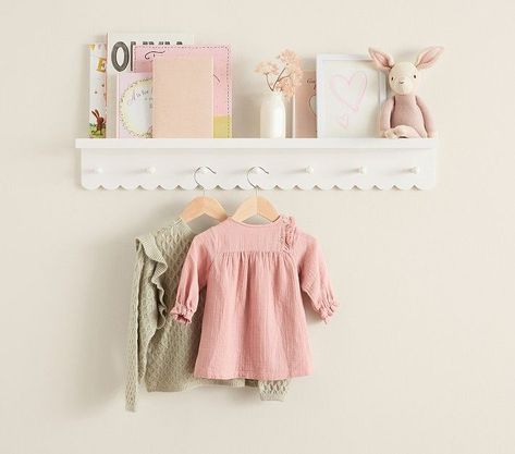 Scalloped Peg Rack (36") | Pottery Barn Kids Scallop Decor, Scalloped Shelf, Peg Rack, White Hardware, 2024 Wishlist, Nursery Shelves, White Nursery, Toddler Room, Laura Lee