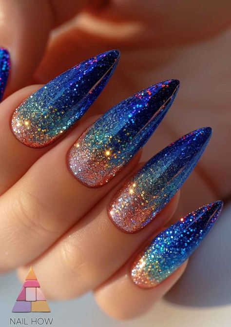 Royal Blue Sparkle Nails, Royal Blue Coffin Nails, Blue Sparkle Nails, Blue Gold Nails, Royal Blue Nails Designs, Royal Nails, Sapphire Nails, Fingernails Painted, Blue Coffin Nails