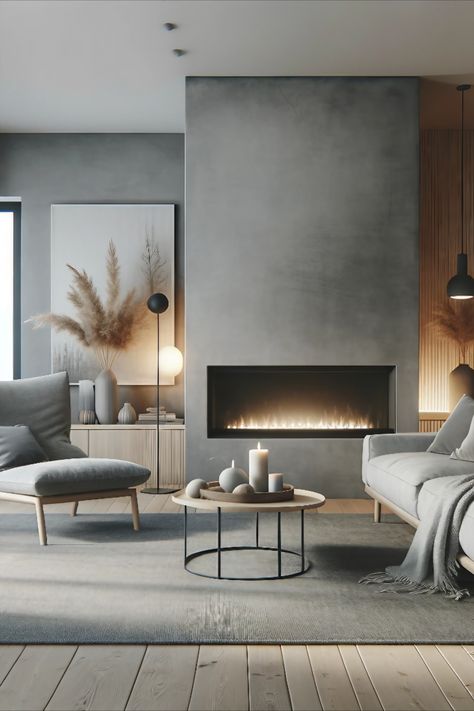 3.Scandinavian, hygge-style modern living room featuring a grey sofa and lounge chair by a fireplace. The design should convey a sense of warmth Scandinavian Living Room With Fireplace, Scandanavian Interiors, Dark Lounge, Scandinavian Fireplace, Contemporary Flooring, Grey Walls Living Room, Scandinavian Hygge, Room Scandinavian, Light Sofa