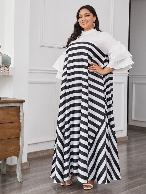 Plus Flounce Sleeve Two Tone Striped Half Placket Dress | SHEIN USA Two Tone Dress, Color Blocking Outfits, Traje Casual, Flounce Sleeve, Black N White Dress, African Wear, Shein Style, Dress P, Three Quarter