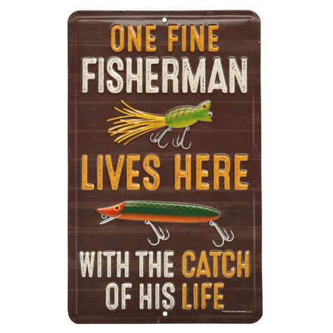 PRICES MAY VARY. Open Road Brands official product: The only thing you adore more than fishing is the love of your life! Use this humorous sign to win brownie points with your significant other. Reading, "One fine fisherman lives here with the catch of his life" with fishing lure illustrations, this sign is full of personality and charm. Fun Vintage Sign: The faux wood plank background and distressed finish of this sign makes a vintage statement in your cabin or home! Material: This sign is made Word Collage, Haus Am See, Fishing Signs, Fisherman Gifts, Embossed Metal, The Catch, Lake House Decor, Rustic Wood Signs, Rustic Wall Art