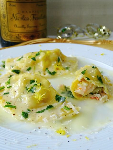 Seven Dishes for the Feast of the Seven Fishes - Proud Italian Cook Lobster Ravioli Sauce Limoncello, Homemade Seafood Ravioli, Prawn Ravioli Recipe, Shrimp Ravioli Filling, Sauce For Seafood Ravioli, Limoncello Sauce Recipe, Light Sauce For Ravioli, Lobster Ravioli Filling, Ravioli Filling Ideas