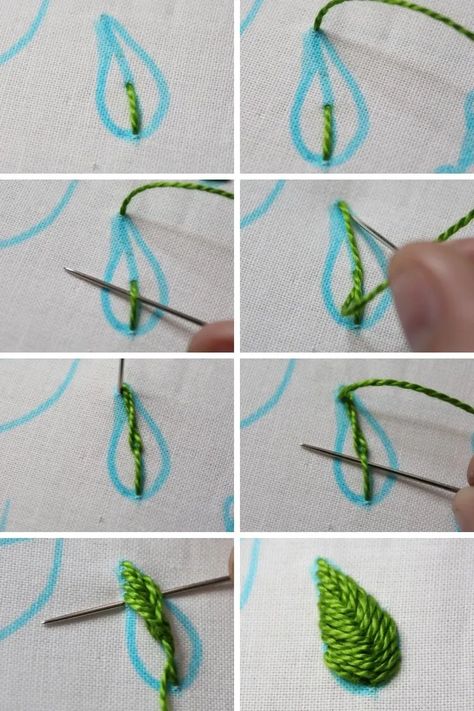 Embroider Leaves Tutorial, Embroidery Stitches For Leaves, Embroidered Leaves Tutorial, How To Embroider A Leaf, Embroided Leaves, How To Embroider Leaves, Embroidery Leaves Pattern, Embroidery Leaves Tutorials, Embroidering Leaves