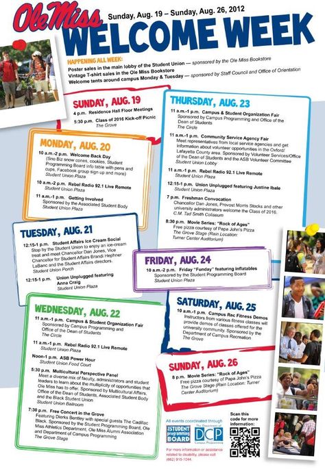 Cute/fun poster layout for calendar of activities for my booster club College Orientation Ideas, Orientation Week Activities College, University Activities Ideas, College Welcome Week Ideas, College Magazine Ideas, Welcome Week College Events, College Activities Events Student Fun, Student Activities College Events, College Activities Events