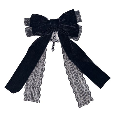 Indulge In The Mysterious Allure With This Black Velvet Hair Bow Barrette & All Its Gothic Charm. This Enchanting Accessory Features A Soft Black Velvet Fabric Bow Adorned W/ Intricate Black Lace Detailing. At The Center Of The Bow, A Silver Gothic Cross Pendant Adding A Touch Of Gothic Doll Charm But Perfect For All The Alternative Goth Girlies That Are Spooky All Year Round. Perfect For Embracing The Goth & Alternative Aesthetic, This Statement Piece Is Sure To Make A Statement At Any Dark And Cute Black Hat, Black Wedding Accessories, Goth Accessories Aesthetic, Romantic Goth Accessories, Goth Hair Clips, Dark Coquette Accessories, Goth Hair Accessories, Gothic Diy, Png Accessories