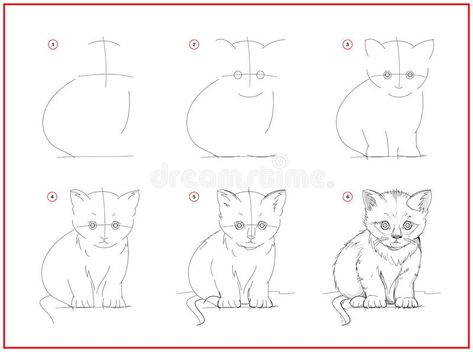 Page shows how to learn to draw sketch of cute little kitten. Creation step by step pencil drawing. Educational page for artists. Textbook for developing royalty free illustration Draw Kitten Step By Step, Landscaping Drawing Ideas, How To Sketch A Cat Step By Step, Learning To Sketch Step By Step, Kitten Drawing Tutorial, Kitten Sketch Simple, How Do You Draw A Cat, Cute Cat Drawing Step By Step, Cats How To Draw