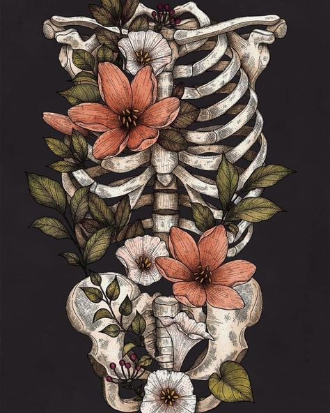 Skelton And Flowers Drawing, Skeleton Chest With Flowers, Flowers Growing Out Of Skeleton Tattoo, Bones And Flowers Aesthetic, Floral Skeleton Art, Skull And Flower Painting, Bones And Flowers Drawing, Skeleton Flower Drawing, Skeleton Growing Flowers