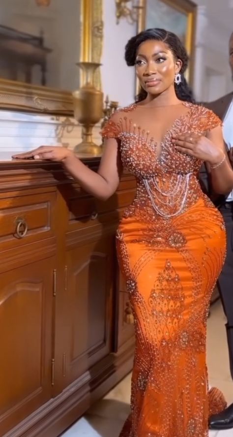 Orange African Dress, Wedding Dress Orange, Ghana Traditional Wedding, Orange Dinner, Wedding Reception Gowns, Bespoke Dress, African Bridesmaid Dresses, Reception Gowns, Dinner Gown