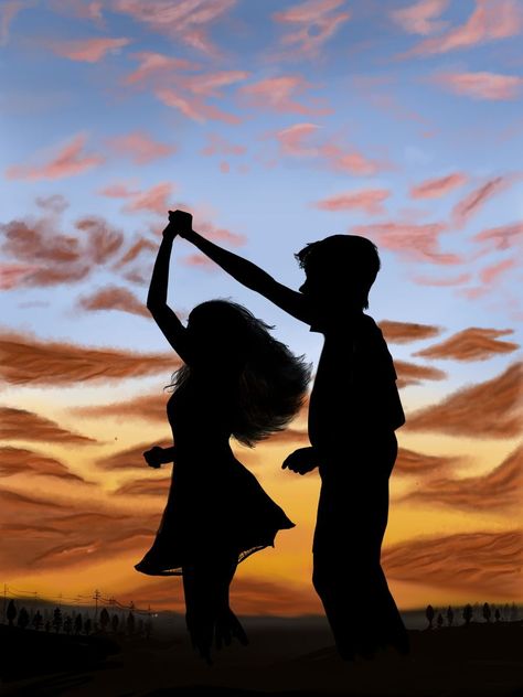 a teenage couple silhouette dancing in a beautiful golden sunset setting Couple Dancing Illustration, Couple Dancing Drawing, Dancing Silhouette, Sun Silhouette, Dancing Drawing, Couple Shadow, Dance Couple, Yellow Board, Canvas Art Painting Abstract