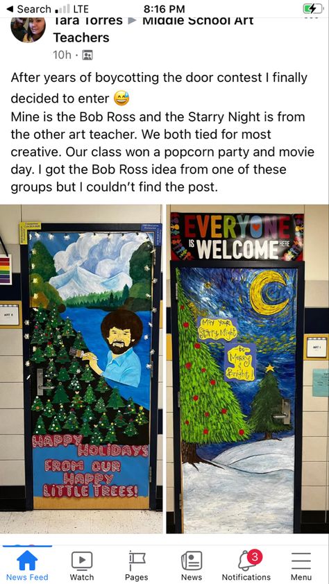 Class Christmas Door Decorating Contest, Bob Ross Bulletin Board, Art Classroom Door Ideas, Art Teacher Door, Art Classroom Door, Art Room Doors, Preschool Playground, Elementary Art Classroom, Room Door Decorations