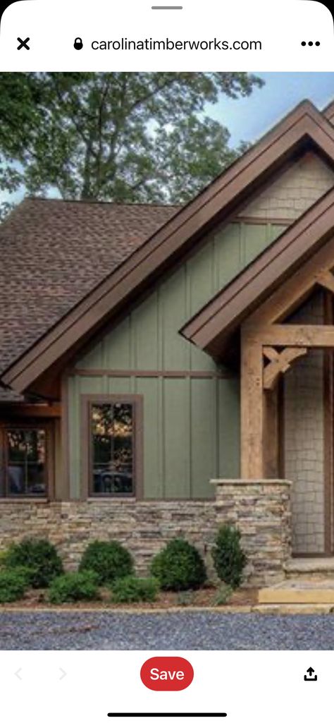 House Colors With Brown Trim, Siding Colors For Brown Roof, Cedar Siding Accent Exterior, Green House With Brown Roof, Olive Green Houses Exterior, Green House With Cedar Accents, Houses With Brown Trim, Green Brown Exterior House Colors, Green Exterior House Colors With Brown Roof