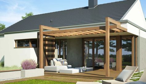 L Shaped Pergola, L Shaped House, Green Shutters, Backyard Garden Layout, Modern Pergola, Modern Patio, Garden Layout, Pool Landscaping, Backyard Landscaping Designs