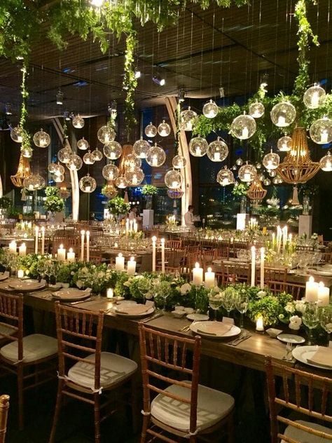 Wedding Reception Lighting, تصميم الطاولة, Tafel Decor, Cheap Wedding Venues, Hanging Candles, Glass Globes, Elegant Dinner, Long Table, Wedding Centerpiece