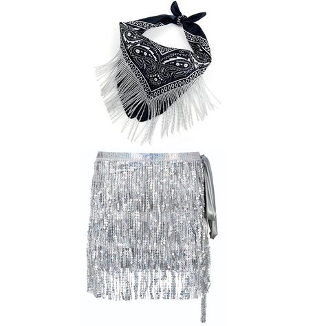 PRICES MAY VARY. 1.Material: The Skirt is made of spandex polyster and Sequin Silver Tinsel; the cowgirl Bandana is made of polyester and cubic rhinestone; You will receive one skirt and 1 pcs black cowgirl Bandana in a package; 2.Pattern: The sparkling and glittery sequin skirt is embellished with gleaming sequins with gloss surface material which matches space cowgirl themed party. The sequin skirt and Shining Bandana are shining rainbow under lights. This space cowgirl outfit has a pretty coo Space Cowgirl Outfit, Cowgirl Themed Party, Cowgirl Bandana, Disco Party Costume, Space Cowgirl Costume, Cowgirl Outfits For Women, Disco Cowboy, Cowgirl Skirt, Bandana Outfit