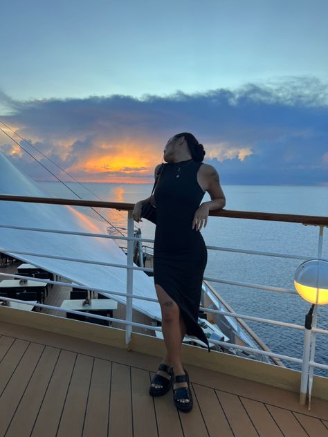 Poses On Cruise Ship, Black Cruise Outfits, Sunset Cruise Pictures, Cruise Aesthetic Black Woman, Doc Martin Sandals Outfit, Cruise Picture Ideas Instagram, Boat Cruise Outfit, Doc Martin Sandals, Tattoos Sunset