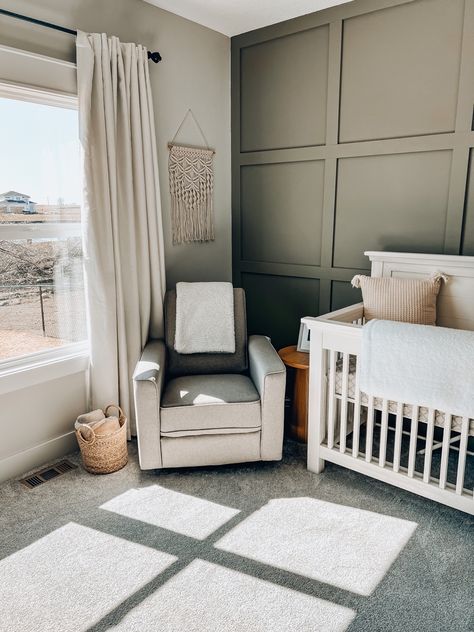 Neutral home decor. Neutral nursery. Neutral loving. Rocking chair. Baby’s room Trim Accent Wall, Tan Nursery, Neutral Nursery Ideas, Grey Crib, Nursery Accent Wall, Tan Walls, Cute Nursery, Baby Room Inspiration, Wood Accent Wall