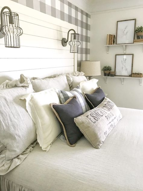 Shiplap Bed, Beadboard Headboard, Bedroom Shiplap, Camper Updates, Headboards Diy, Lake Bedroom, Shiplap Headboard, Mom Bedroom, Cottage Style Bedroom