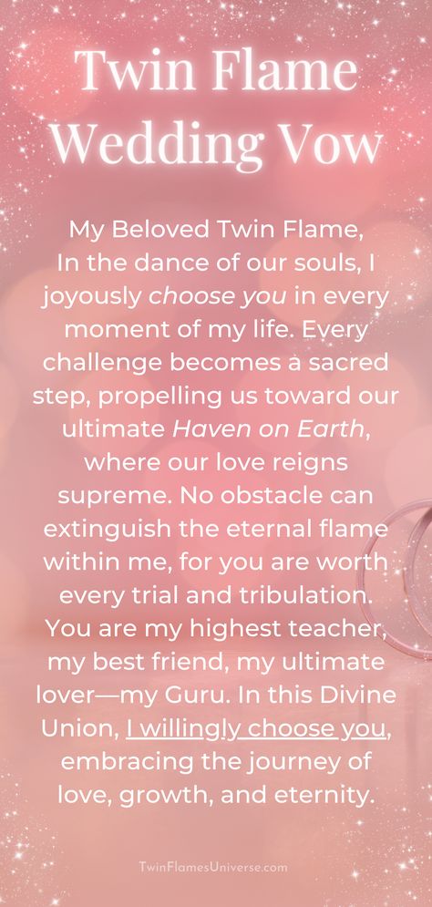 Celebrate unified love with this inspirational collection of Twin Flame wedding vows. Embodied with Divine Masculine and Feminine energy, these romantic promises beautifully blend the essence of love, marriage, and eternal commitment, igniting inspiration for your union ceremony. Twin Flame Wedding Theme, Twin Flame Union Quotes, Twin Flame Wedding Vows, Twin Flame Love Art, Twin Flame Union Affirmation, Twinflames Art Twin Flame Love, Spiritual Wedding Ideas, Twin Flame Wedding, Future Life Quotes