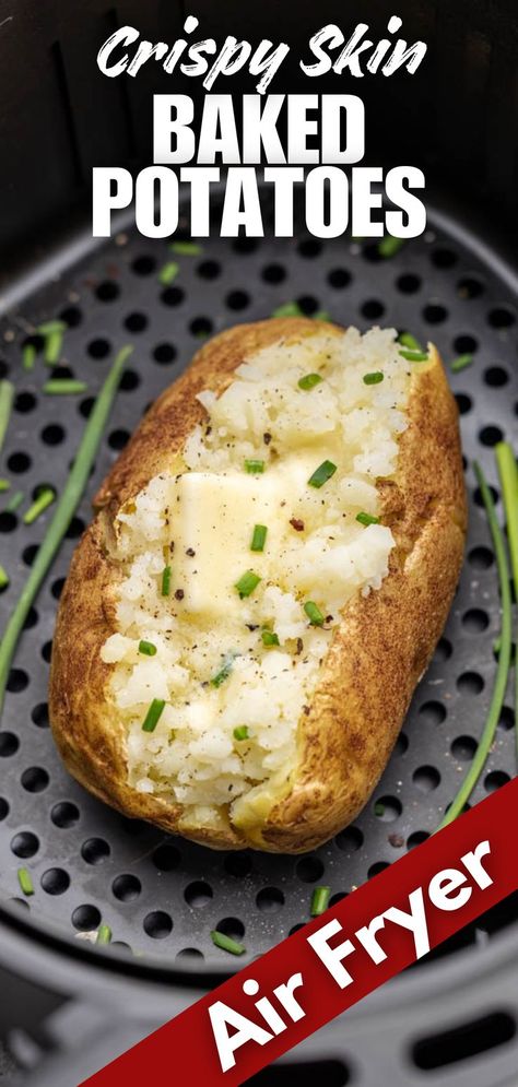 An overhead view of a baked potato in an air fryer basket. Air Fryer Baked Potato, Making Baked Potatoes, Baked Potato Recipes, Loaded Baked Potatoes, Air Fryer Dinner Recipes, Twice Baked Potatoes, Potato Side Dishes, Air Fryer Recipes Easy, Air Fryer Recipes Healthy