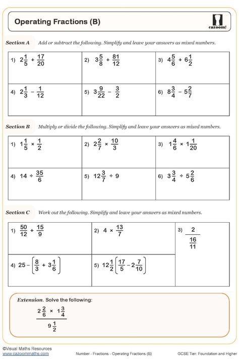 This worksheet on operating fractions is designed to help dedicated students sharpen their skills in the four operations involving fractions. It offers a variety of thought-provoking questions that will broaden their understanding and enhance their proficiency in working with fractions. With this resource, students can immerse themselves in challenging problems that will elevate their problem-solving abilities and boost their confidence in tackling fraction operations effectively. Strengthen you Multiply And Divide Fractions, Fraction Operations, Divide Fractions, Maths Revision, Challenging Questions, Operations With Fractions, Fraction Word Problems, Maths Worksheets, Teaching Fractions