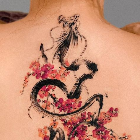 𝗘.𝗻𝗮𝗹 on Instagram: "Brushstroke dragon and plum blossom tree across the back 🐉♥️🌸 Thank you :) @e.nal.tattoo @vismstudio" Dragon Tree Tattoo, Star Dragon Tattoo, Brushstroke Dragon Tattoo, Sakura Dragon Tattoo, Chinese Plum Blossom Tattoo, Chinese Tree Tattoo, Plum Tree Tattoo, Dragon Cherry Blossom Tattoo, Plum Blossom Drawing