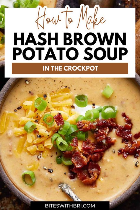 Savor the ease and flavor of this Hash Brown Potato Soup, perfect for busy days. Made with frozen hash browns and slow-cooked to perfection, it pairs well with rice or fresh bread. Come home to a warm, hearty, effortless, delicious meal. Hash Brown Potato Soup Crockpot, Frozen Hash Brown Potato Soup, Hash Brown Soup, Potato Recipe Healthy, Outback Potato Soup, Bri Recipes, Hash Brown Potato Soup, Busy Day Soup, Fries In Air Fryer