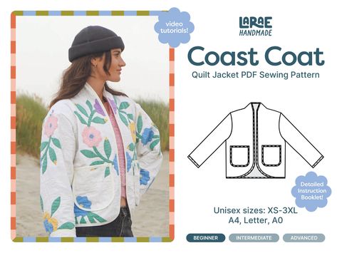 The Coast Coat PDF Sewing Pattern & Instruction Booklet is a must-have for the daring newbie and the beyond! This boxy, oversized jacket is perfect for anyone who loves to repurpose and reinvent - none of that new fabric stuff here! Whether it's blankets, quilts, or wool blankets, this unisex pattern caters to all body types. Plus, the instructions are a breeze to follow - less technical jargon = more fun. Even if you make some slip-ups along the way, you can adjust and keep it moving.  PDF File Quilt Coat Sewing Pattern, Shawl Collar Jacket Pattern, Wool Jacket Sewing Pattern, Blanket Jacket Pattern, Jacket Sewing Patterns For Women, Quilted Jacket Pattern Free, Fleece Jacket Pattern, Quilt Jacket Pattern, Sewing Jacket