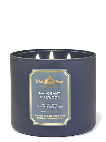 Mahogany Teakwood 3-Wick Candle - White Barn | Bath & Body Works Mahogany Teakwood Candle, Mahogany Teakwood, White Barn Candle, Candle Bath, Candle Images, Lavender Scented Candle, Fragrance Ingredients, Bath Candles, White Barn