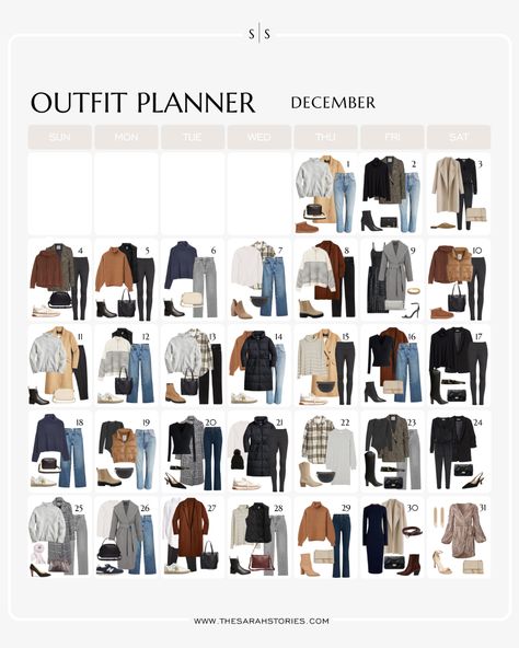 December Outfits 2022, Monthly Outfit Planner, Planner December, Outfit Calendar, Clothes Capsule Wardrobe, December Outfits, Old Money Fashion, Outfit Planner, Money Fashion