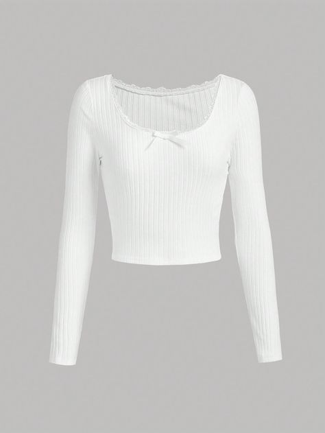 White Casual Collar Long Sleeve Knitted Fabric Plain  Embellished Medium Stretch  Teen Girls Clothing Outfit Inspo 12-13, White Long Sleeved Top, Cute Tops Long Sleeve, Plain Long Sleeve Shirts, White Under Shirt, White Long Sleeve Shirt Outfit, Teen Shirts