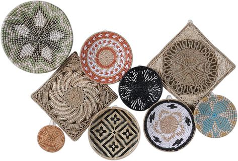 Wall Decor Basket Set of 9, Easy to Hang with Loops, Handmade with Natural Materials, Woven With Different Designs Patterns, Suitable for Living Room, Bedroom - Includes 9 Free Removable Wall Hooks (Colored Set) Macrame Baskets, Boho Wall Basket Decor, Wall Basket Decor, Wicker Wall Decor, Macrame Basket, Basket Decor, Wicker Wall, Decorative Baskets, Basket Wall Decor