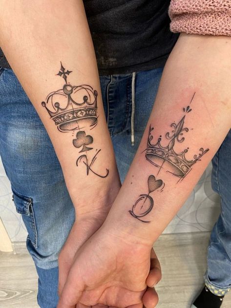 Matching Crown Tattoos, Matching Tattoos For Married Couples, Crown Tattoo Ideas, Matching Relationship Tattoos, Married Couple Tattoos, Him And Her Tattoos, Partner Tattoos, Cute Thigh Tattoos, Small Matching Tattoos