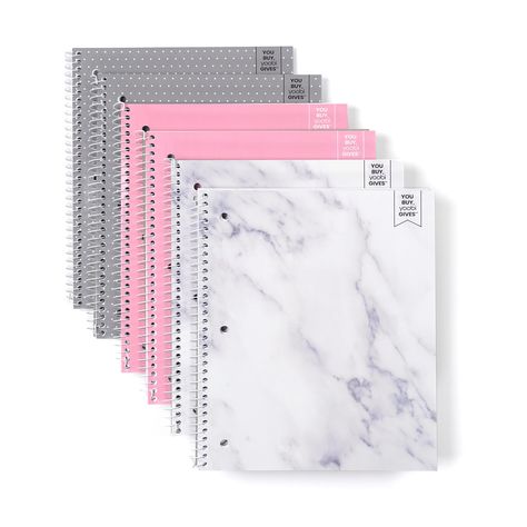 PRICES MAY VARY. Notebooks with a Stylish Aesthetic: This three pack of colorful spiral bound notebooks feature aesthetic designs, with one blush pink, one gray and one marble in the set; complete assignments, store handouts and more in style Binder-Compatible 1-Subject Notebooks: Built to withstand wear and tear, these spiral bound notebooks can be inserted into a binder or used alone to organize loose papers, worksheets and notes 150 Perforated 3-Hole Punched Sheets: Perfect for math, science, Middle School Supplies, School Wishlist, Pretty School Supplies, Ipad Essentials, Ideas Journal, Notebook Set, Art Pens And Markers, Kids School Supplies, School Binder