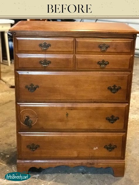 outdated dresser before westminster green milk paint makeover diy Painted Tall Dresser Ideas, Vintage Maple Dresser Makeover, Green And Stained Dresser, Outdated Dresser Makeover, General Finishes Painted Furniture, Colonial Dresser Makeover, Refinished Tall Dresser, Painted Tall Dresser, Wooden Dresser Makeover