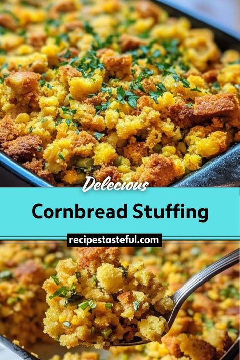 Cornbread Stuffing is a flavorful and comforting side dish perfect for holiday meals or any special dinner. Made with toasted cornbread cubes, sautéed vegetables, and aromatic herbs, it features a crispy topping and a soft, savory interior. Carmelized Onion Cornbread Stuffing, Stuffing Recipes With Cornbread, Stuffing With Cornbread And White Bread, Homemade Cornbread Stuffing Recipe Thanksgiving, Corn Bread Stuffing Recipes, Stovetop Cornbread Stuffing Recipes, Stove Top Cornbread Stuffing Recipes, Stuffing Muffins Recipes, Cornbread Recipe For Dressing