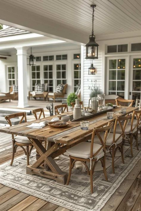 55 Farmhouse Patio Ideas for Charming and Rustic Style Farmhouse Patios, Farmhouse Patio Ideas, Weathered Wood Furniture, Country Farmhouse Furniture, Farmhouse Backyard, Relaxing Patio, Farmhouse Patio, Casa Country, White Shiplap