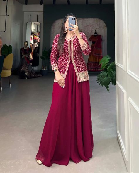 Price 2995 /-❣️ whatsapp us on +919023153462✔️ Pink wedding wear designer indo western outfit #PinkWeddingWear #IndoWesternBridal #DesignerWeddingOutfit #FusionBridalWear #PinkBridalDress #IndoWesternFashion #WeddingOutfitInspo #BridalWear2024 #PinkBridalGown #DesiBride #WeddingFashion #ModernBride #DesignerLehenga #WeddingAttire #BridalFashion #PinkLehenga Top Plazo Dress, Sequined Lehenga, Plazo Outfits, Plazo Dress, Indo Western Outfit, Top And Plazo, Trendy Kurti, Rani Pink, Desi Bride