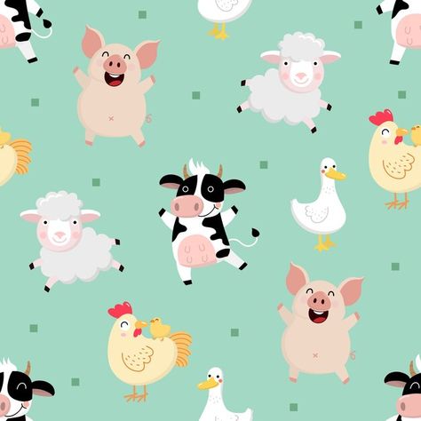 Farm animal cartoon character seamless p... | Premium Vector #Freepik #vector #cute-sheep #cute-cow #baby-cow #cute-chicken Cute Farm Animal Wallpaper, Seamless Animal Pattern, Farm Animals Background, Farm Animal Wallpaper, Farm Animals Wallpaper, Farm Animals Nursery Theme, Farm Background, Farm Cartoon, Farm Birthday Invitation