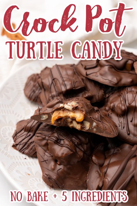 Crock Pot Turtle Candy - An easy homemade candy recipe that is great for the holidays! Loaded with chocolate, pecans, and caramel and made in a crock pot, these turtle candies are sure to be a hit! Christmas Candy | Candy Recipes | Turtle Candy Recipe | Crock Pot Desserts #chocolate #christmas #candy Recipe For Turtles Candy, Crock Pot Salty Sweet Candy, Chocolate Caramel Pecan Clusters Slow Cooker, 100 Best Christmas Candy Recipes, Slow Cooker Chocolate Turtles Recipe, Easy Thanksgiving Chocolate Desserts, Chocolate Christmas Candy Recipes, Candy Turtles Easy, Easy Christmas Treats Crockpot