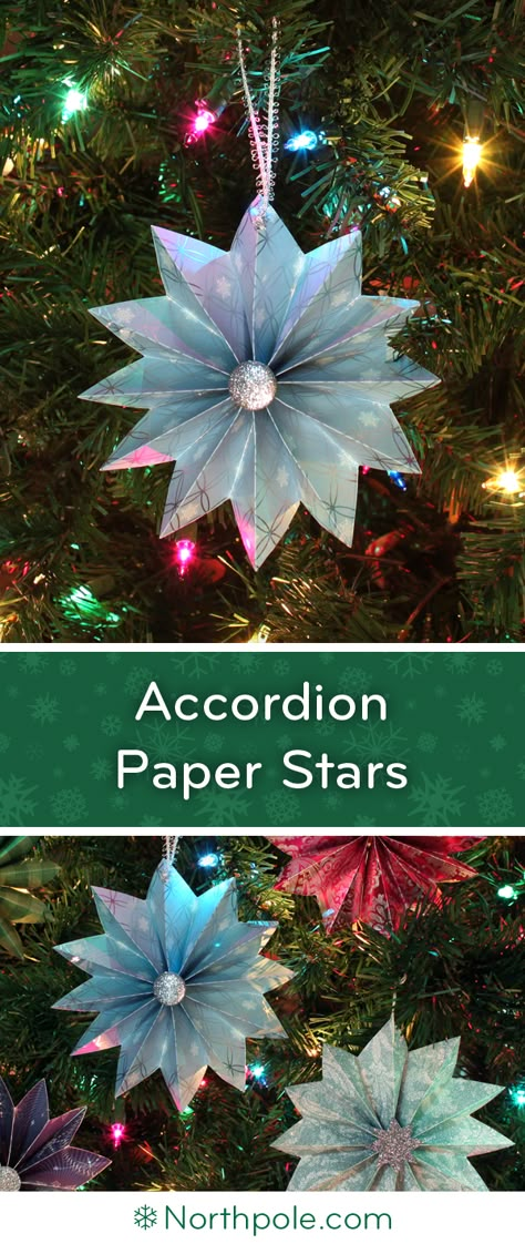 Accordion-Folded Paper Stars • Northpole.com Craft Cottage Folding Stars Paper Christmas Ornament, Christmas Ornament Paper Craft, Paper Accordion Ornaments, Folded Paper Snowflakes, Homemade Paper Christmas Ornaments, Paper Craft Christmas Ornaments, Paper Holiday Crafts, Diy Paper Christmas Ornaments Tutorials, Wrapping Paper Ornaments