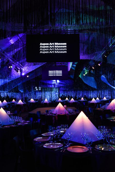 Aspen Art Museum gala #galaideas #galas Futuristic Gala Dinner, Outdoor Gala Event, Gala Night Theme, Gala Graphic Design, Gala Dinner Decor, Gala Themes Ideas Events, Gala Dinner Decoration, Non Floral Centerpieces, Tent Event