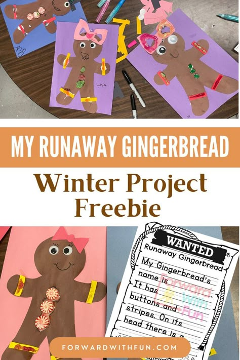 sample gingerbread crafts made by kindergarteners and wanted writing scaffolded prompts Gingerbread Man Craft Kindergarten, Christmas Cooking In The Classroom, Gingerbread Man Hunt At School, Gingerbread Theme Class Party, Gingerbread School Activities, Gingerbread Day At School, Christmas Anchor Charts, Gingerbread Kindergarten, Gingerbread Classroom