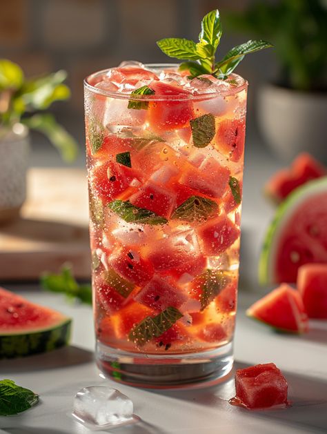 Watermelon Cubes, Iced Tea Recipe, Watermelon Mint, Iced Tea Recipes, Watermelon Ice, Mint Sprig, Fresh Watermelon, Watermelon Juice, Mint Tea