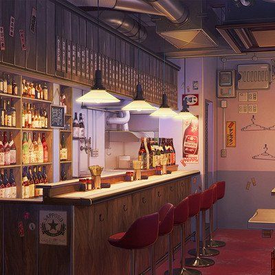 Bar and Club Bartender Anime, Interior Concept Art, Vaporwave Wallpaper, Episode Backgrounds, Mandala Wallpaper, Coffee Shop Bar, Coffee Shop Aesthetic, Bars And Clubs, Cafe Art