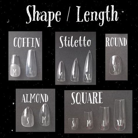 chart showing all nail shape and length options extra long, long, medium, short, square, coffin, stiletto, round, almond Nail Shape Chart, Nail Sizing Kit, Stiletto Nails Short, Nail Drawing, Round Nails, Nail Length, Cat Kuku, Dream Nails, Nail Sizes