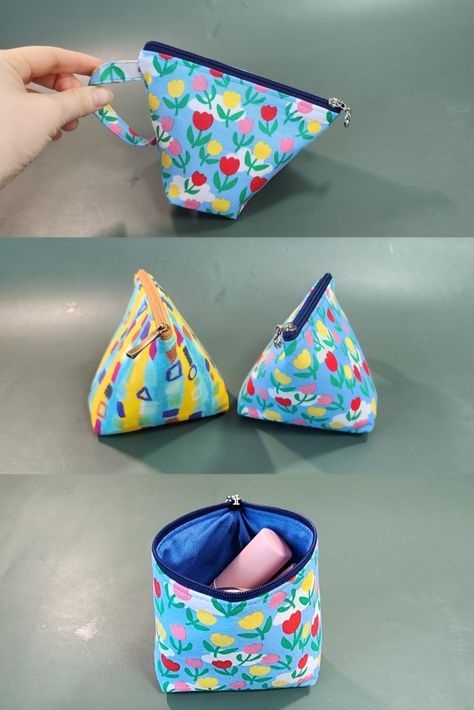 Easy sewing tutorial 🍒 How to make a zipper pouch with a cute handle Sewing Projects With Zippers, Crossbody Bag Pattern Free Sewing, Sewing Pouch Pattern, Purse Patterns Free Sewing Handbags, Zipper Pouch Ideas, Small Things To Sew, Sew Pouch, Triangle Zipper Pouch, Christmas Stovetop Potpourri