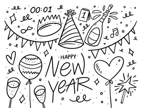 New Year Doodle Art, New Years Doodles, January Doodles, Happy New Year Doodle, New Year Doodles, Classroom Drawing, New Year Posters, New Year Doodle, Fireworks Clipart