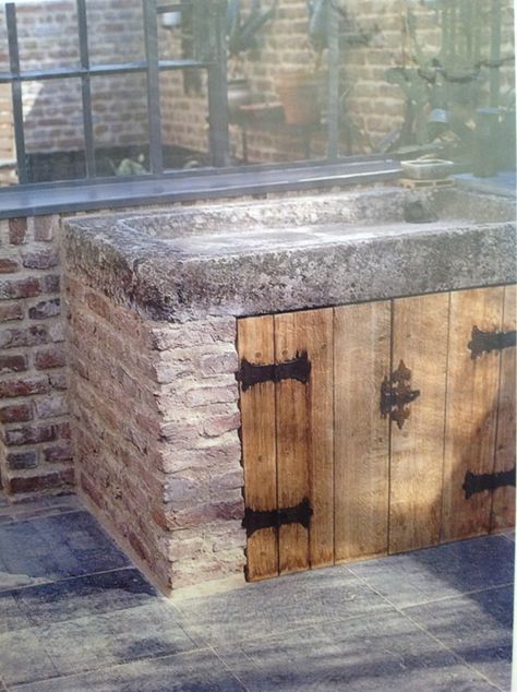 Outside Sink Ideas Backyards, Outdoor Garden Sink, Limestone Sink, Outside Sink, Outdoor Kitchen Sink, Rustic Sink, Garden Sink, Garden Water Feature, Brick Garden